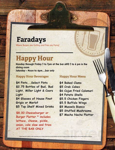 Friday 3pm- 7pm Saturday Noon- 4pm Sunday Noon - 7pm Indoor and Outdoor Dinning. . Faradays of smithtown menu
